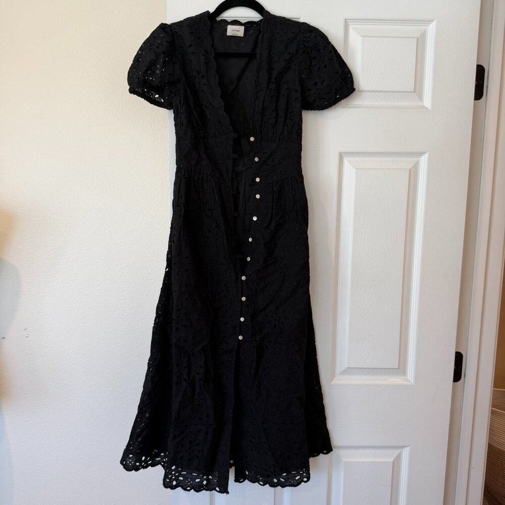 Aritzia Wilfred Black Empire Waist Eyelet Puff Sleeve Midi Dress Size 00